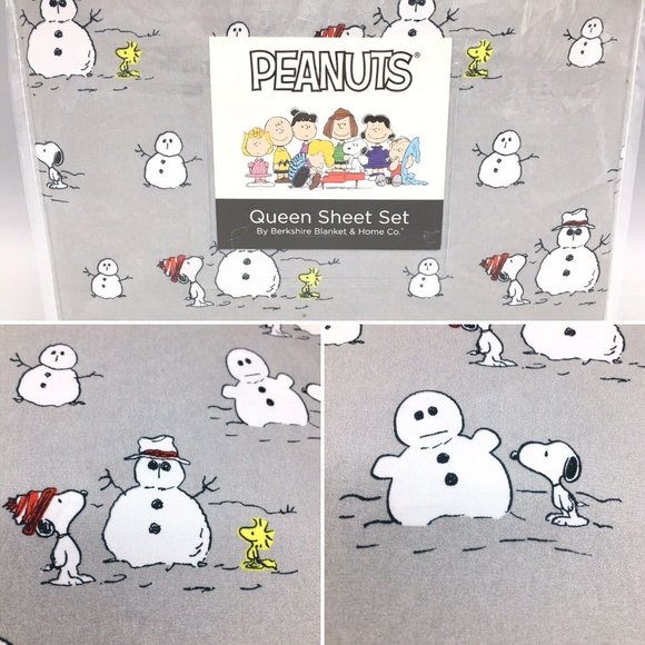 4pc Berkshire Peanuts Snoopy Building Snowman QUEEN Sheet Set Winter Woodstock